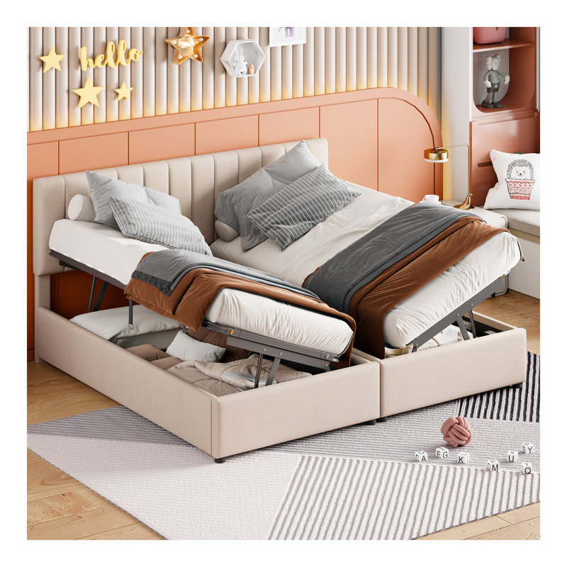 Très grand lit plateforme tapissier avec système de rangement hydraulique, beige
