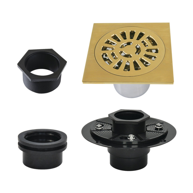Kingston Brass Watercourse 4-Inch Square Brass Shower Drain, Brushed Brass