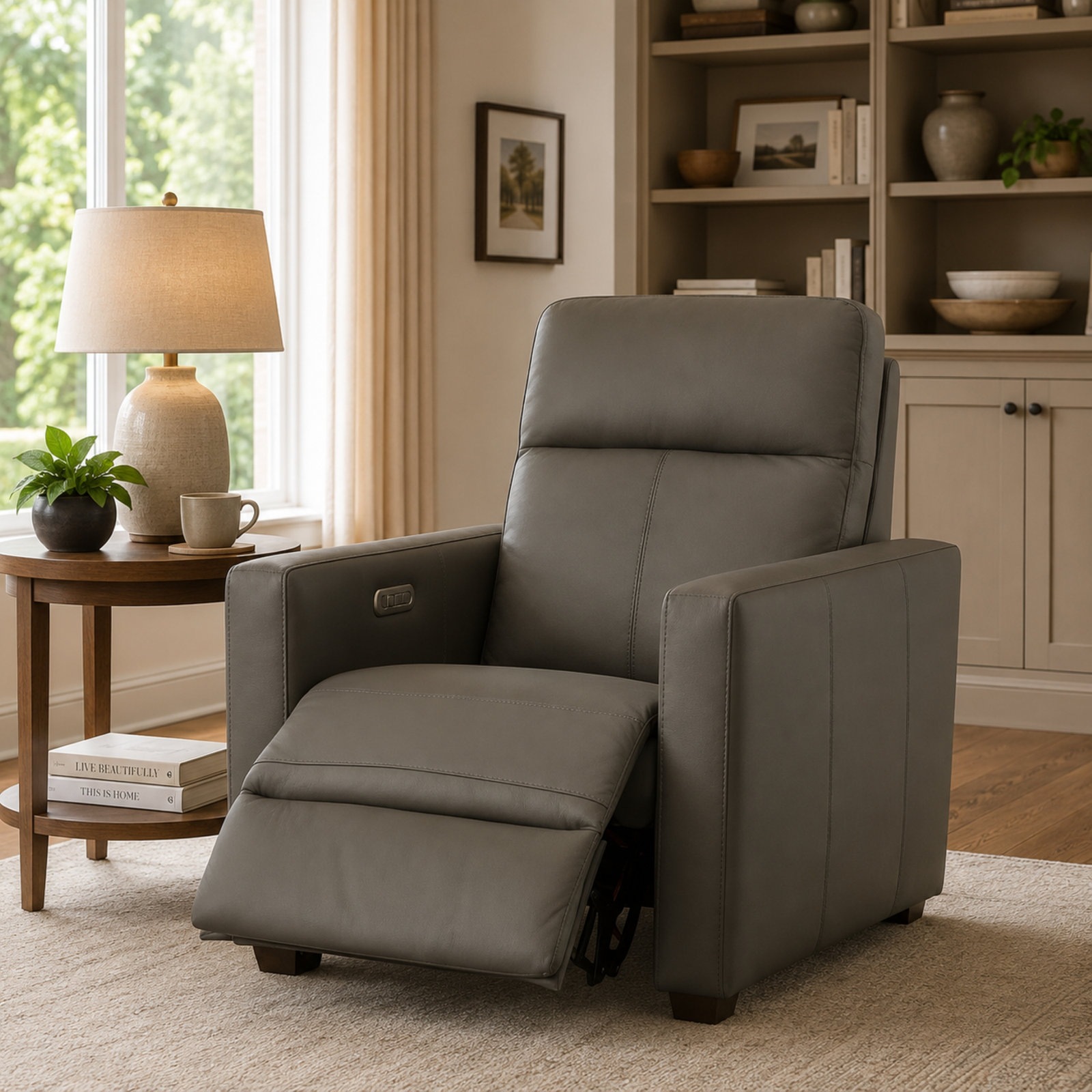 Broadway 34" Genuine Leather Power Recliner, Shale Leather Match