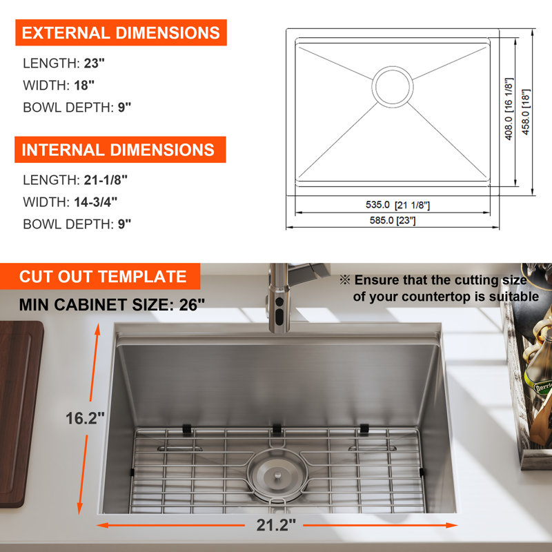 Évier de cuisine Blenzia de 23 pouces à cuve unique, encastré, en acier inoxydable de calibre 16, fabriqué à la main, avec accessoires inclus (23 po x 18 po x 9 po).