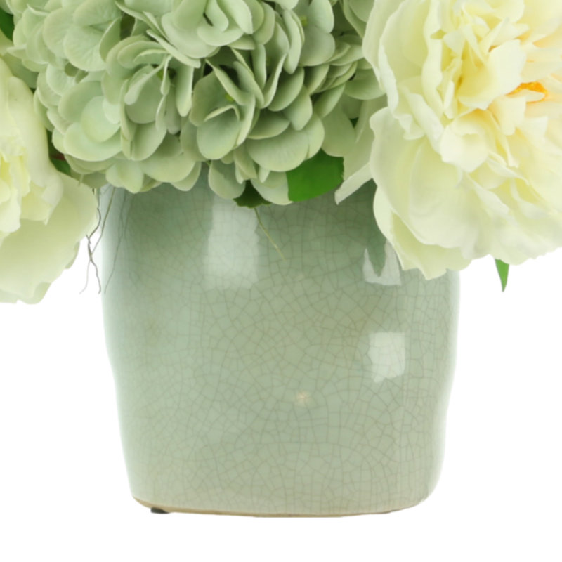 Hydrangea Arrangement in a Ceramic Pot, Green/White