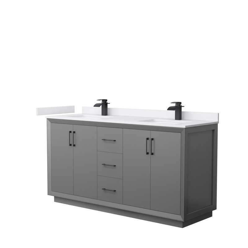 Ensemble de meuble-lavabo double 66 po Strada, Gris foncé, Noir mat, Marbre de culture blanc