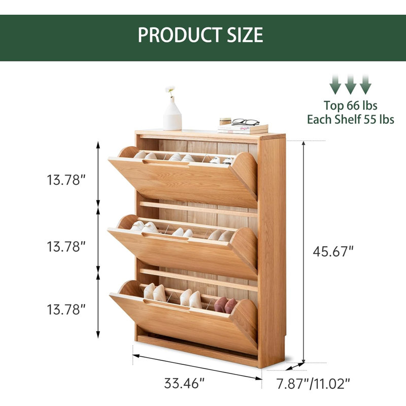 7.8"D Slim Solid Oak Assembled Shoe Cabinet with 3 Flip Drawers, Natural Oak