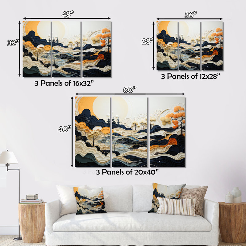 «Gray Orange Line Art Landscape», impression sur toile, 3 pièces, H 40 po x l 60 po x P 1 po