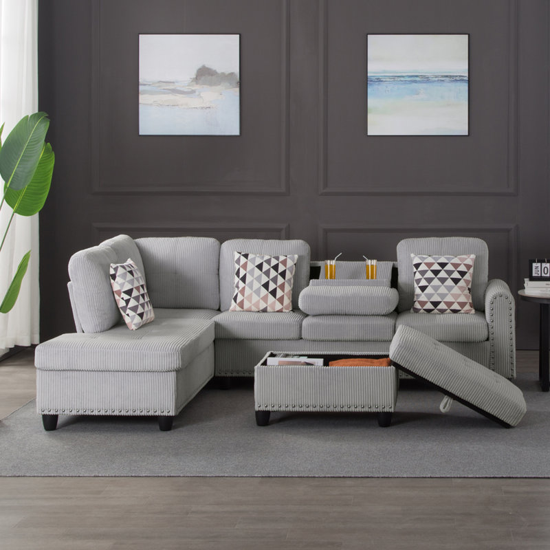 3 - Piece Upholstered Sectional, Light Gray Corduroy