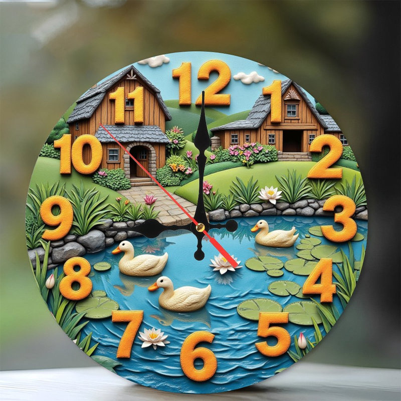 canards étang chalet horloge paysage