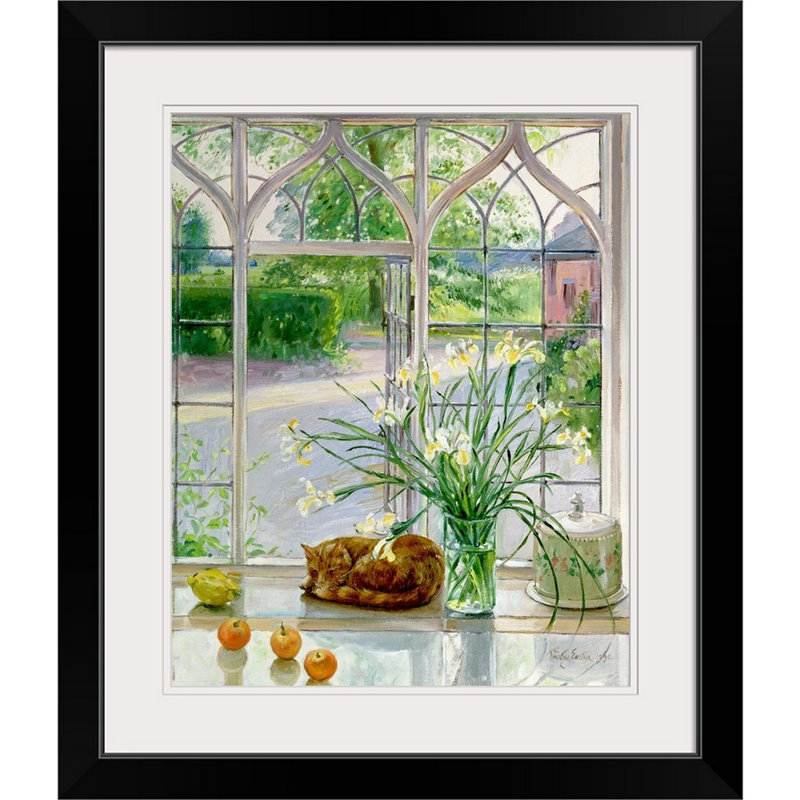 «Yonkers Irises and Sleeping Cat, 1990» par Timothy Easton, reproduction d'art, H 28 po x l 24 po x P 1 po, Cadre noir