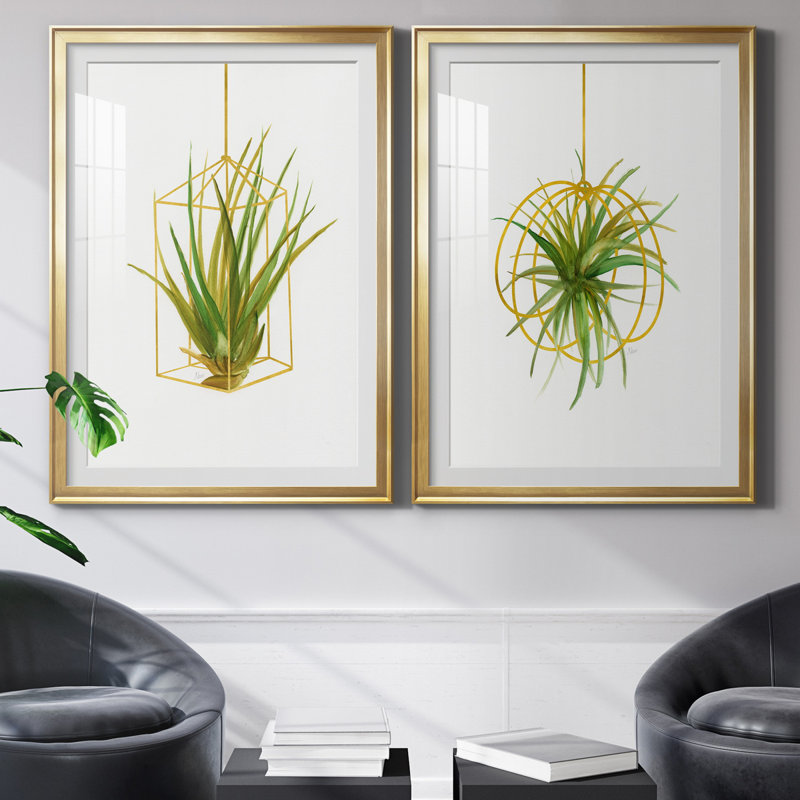 «Hanging Airplant II», ensemble de 2 reproductions d'art, H 26,5 po x l 73 po x P 1,5 po, Papier encadré doré, Blanc