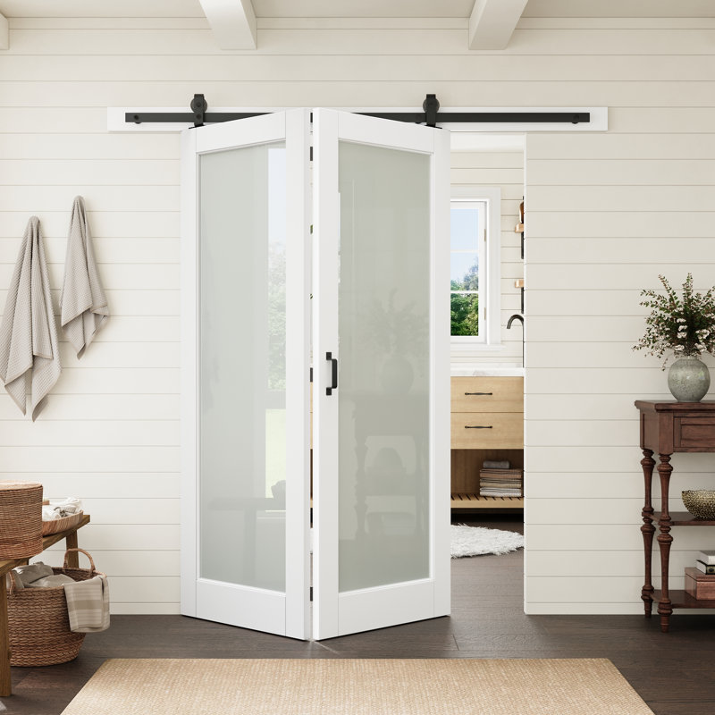 Porte vitrée pleine hauteur 60 po x 80 po avec porte pliante de style grange et quincaillerie incluse, idéale pour un garde-manger ou une chambre.