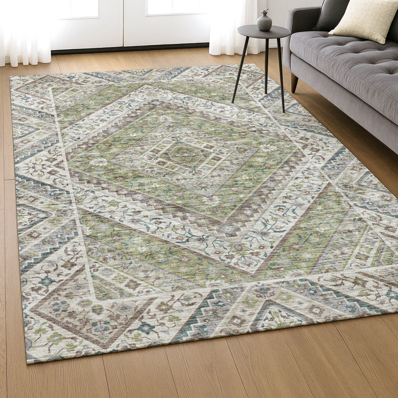 Premium Machine Washable Mayfield AMF2195 geometric Rug, Aloe, 2'6" x 3'10"