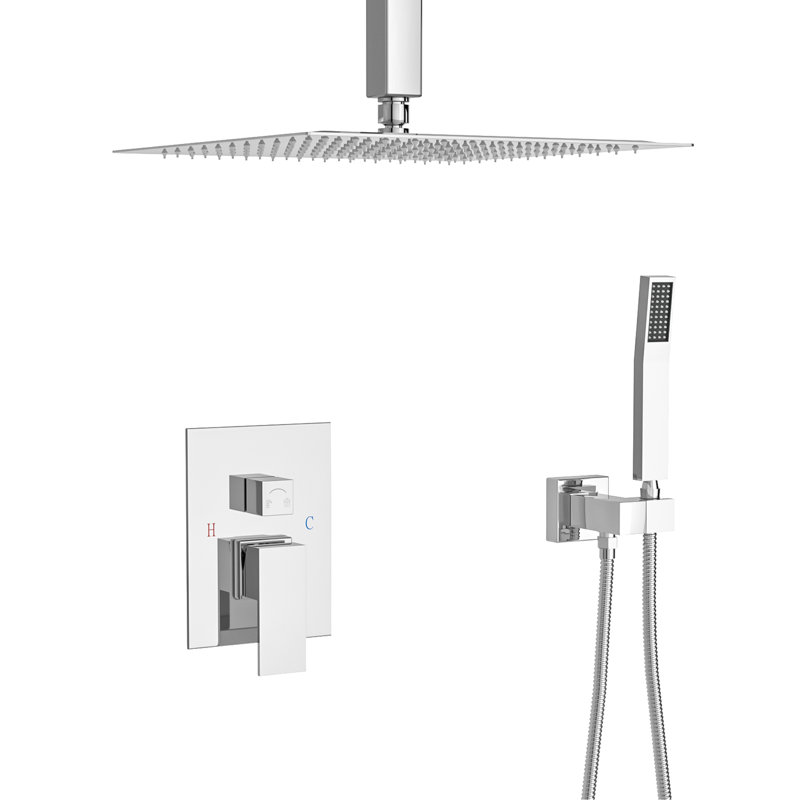 Système de douche à double tête avec jet de pluie de plafond de 12 pouces, Argent argent