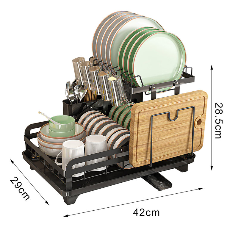 2-Tier Metal Dish Drying Rack with Drain Board 360-Degree Rotatable Anti-Rust Coating, Black