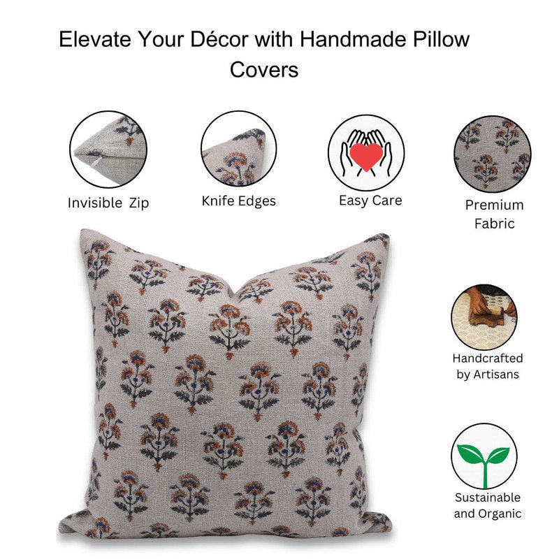 Linen Pillow Cover, 14"H x 14"W, Gray Floral 1, Square