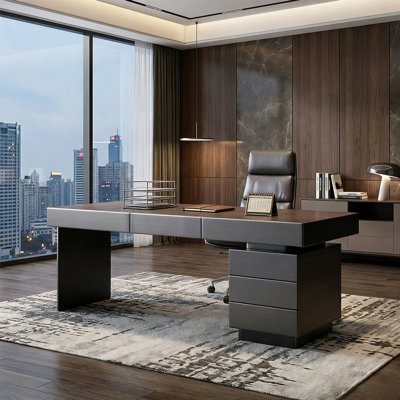 Smoked Wood Veneer Executive Desk with Oak Plywood Frame & Carbon Steel Legs