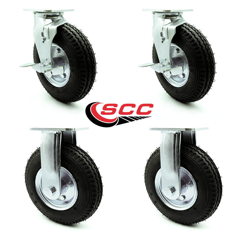 8 Inch  Pneumatic Wheel Caster Set 2 Swivel with Brakes and 2 Rigid SCC/SCC-100S280-PNB-TLB-2-R280-2