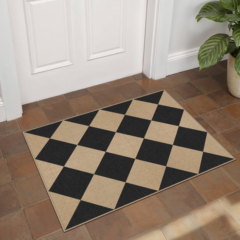 Amelia Diamond Check Faux Linen Area Rug With Non-Slip Backing-Black/Beige, Rectangle 2' x 3'