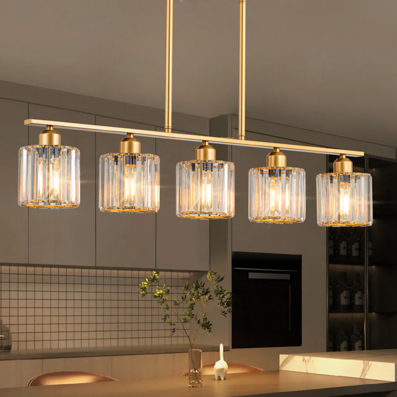 5-Light Glass Crystal Kitchen Island Pendant, Gold
