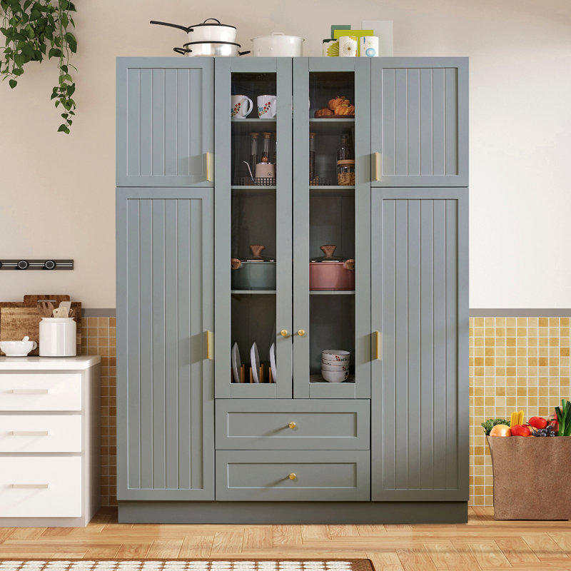 Grand garde-manger moderne de 71 po avec armoire de rangement, 6 portes, tiroirs, tablettes réglables, plateaux coulissants et support à vin