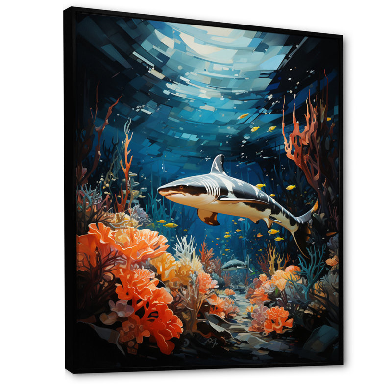 Teal Shark Animal Coastal Creatures " Teal Shark Animal Coastal Creatures ", 40" H x 30" W x 1.5" D, Black Floater Framed