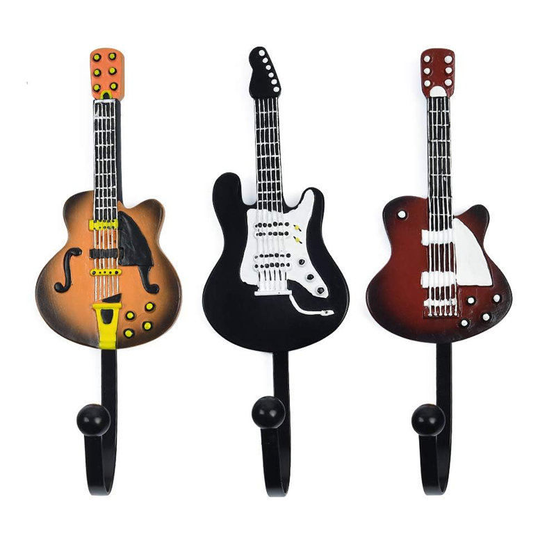 Crochets décoratifs en forme de guitare rétro pour suspendre des vêtements, des manteaux, des serviettes, des clés, des chapeaux, des crochets en résine de métal, montés au mur, très résistants (paquet de 3)