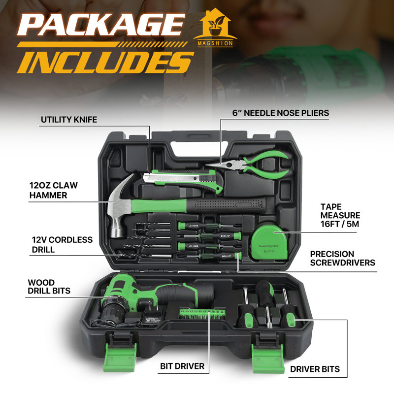 27-Piece Drill Driver Set Lithium-Ion Home Tool Kit With 20Nm Torque & ABS Case??, Green