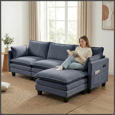 Ensemble de canapé moderne en chenille bleu gris, canapé 3 places avec repose-pieds individuel assorti, mobilier de salon modulaire avec ports USB intégrés et poches latérales.