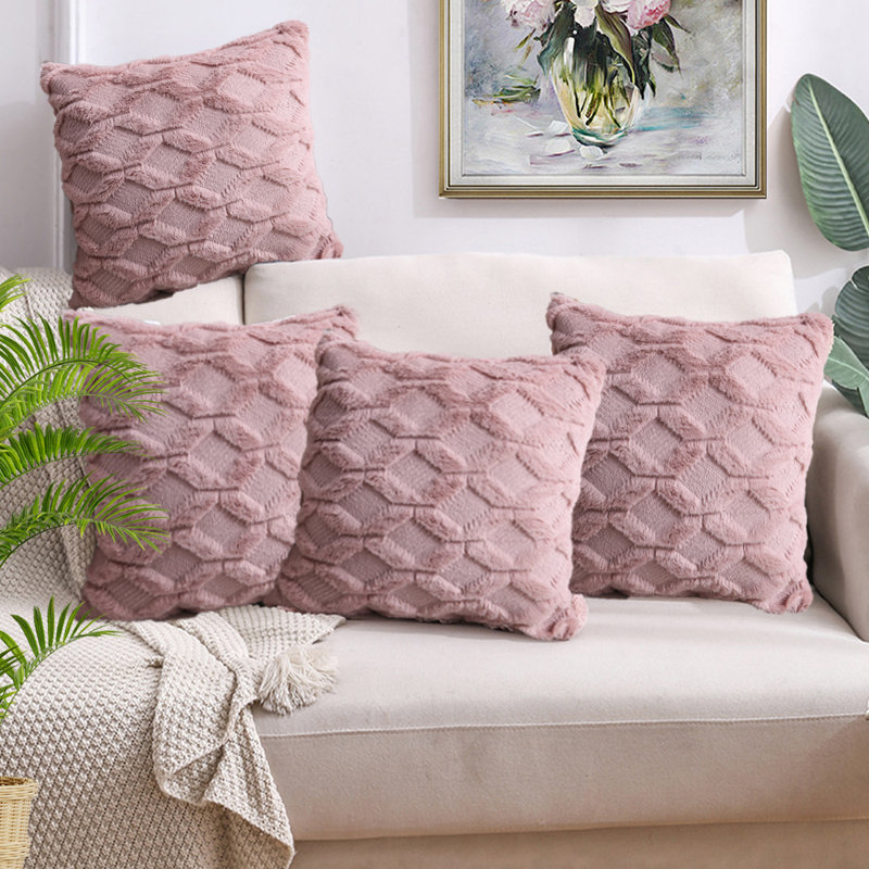  Housse de coussin géométrique en fausse fourrure, Rose