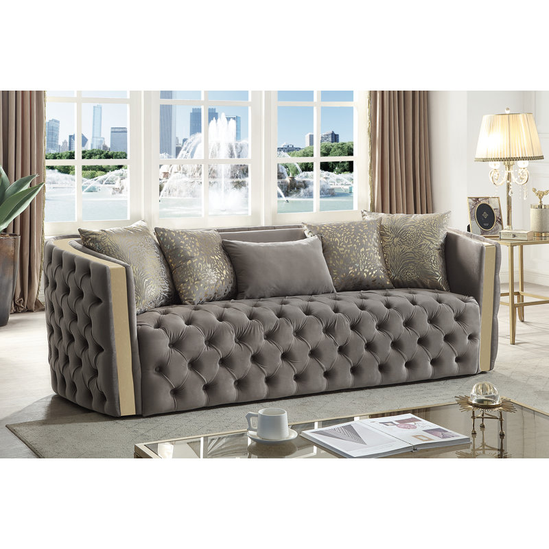 Doruk Velvet Button Tufted Sofa, 30" H x 92.91" W x 33.86" D Duplicate, Gray