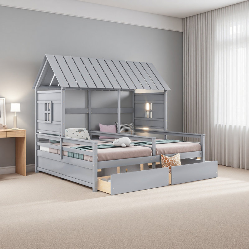 Lit plateforme simple avec deux tiroirs pour lits partagés garçon et fille, combinaison de 2 lits simples côte à côte, Gris