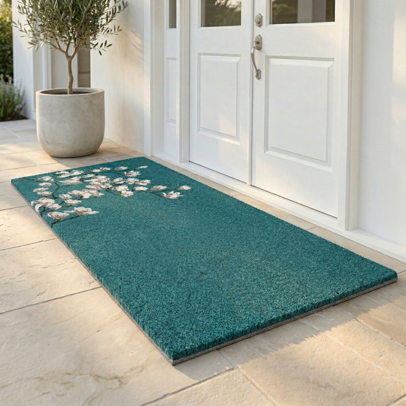 Paillasson Yohane Magnolia, Branche de magnolia - bleu sarcelle, 24 po x 36 po antidérapant