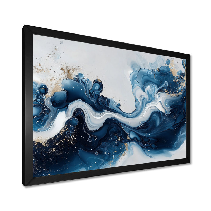 Or et bleu céleste fluidité I - encre liquide, art mural, Cadre simple, Noir, noir, noir, noir, H 12 po x l 20 po