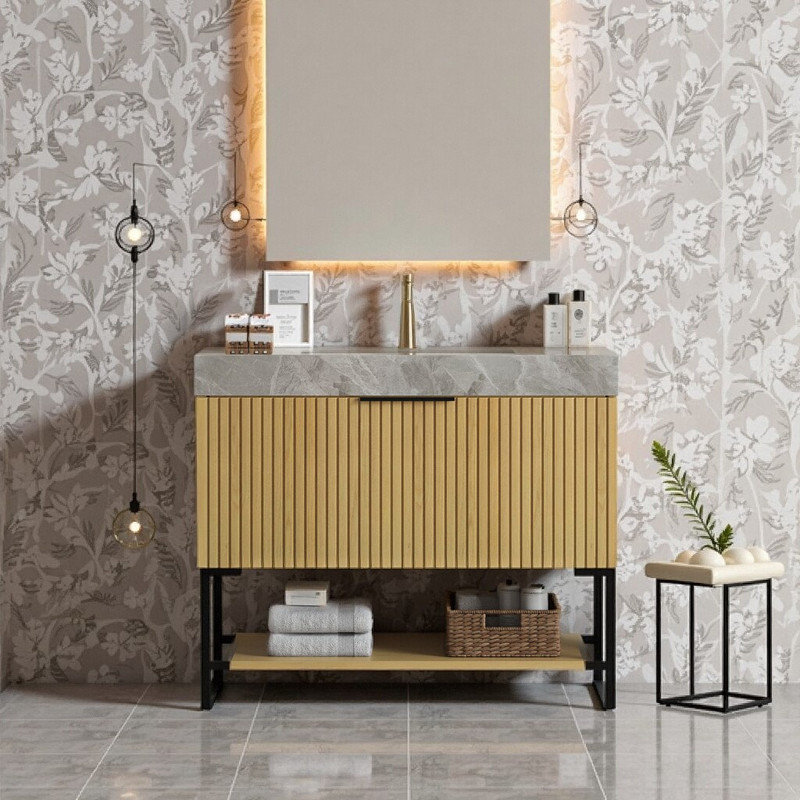 Meuble-lavabo de 36 po avec lavabo et meuble-lavabo sur pied 36 po pré-assemblé avec tiroir et tablette ouverte, Gris, Jaune