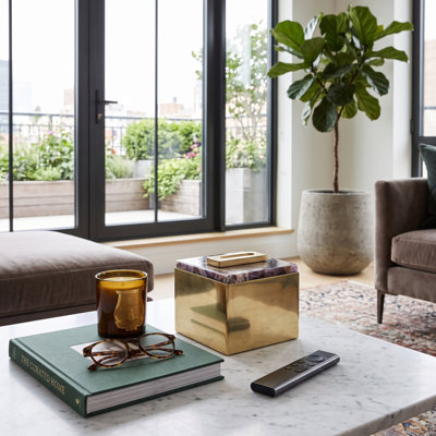 Boîte carrée moderne en marbre et métal avec couvercle pour la décoration intérieure - Organisateur de rangement décoratif avec boîte à souvenirs pour coiffeuse - 15 cm, gris et or
