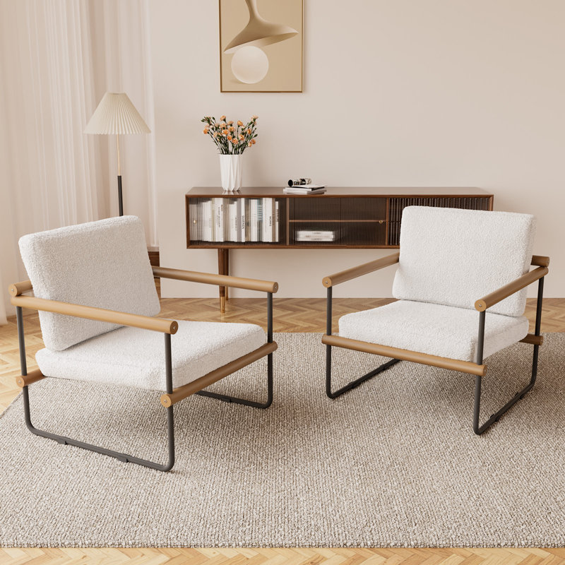 Accent Chair Set Of 2, Modern Upholstered Armchair With Metal Frame, Lambswool Fabric, Cream White 