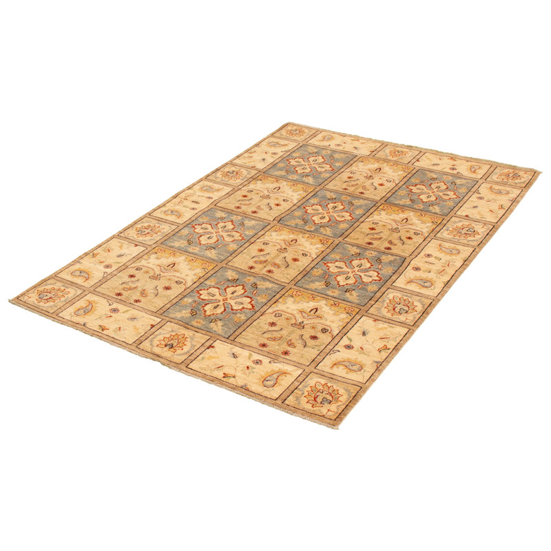 Tapis décoratif en laine de conception unique 5 pi 5 po x 8 pi noué à la main New Age beige/gris clair