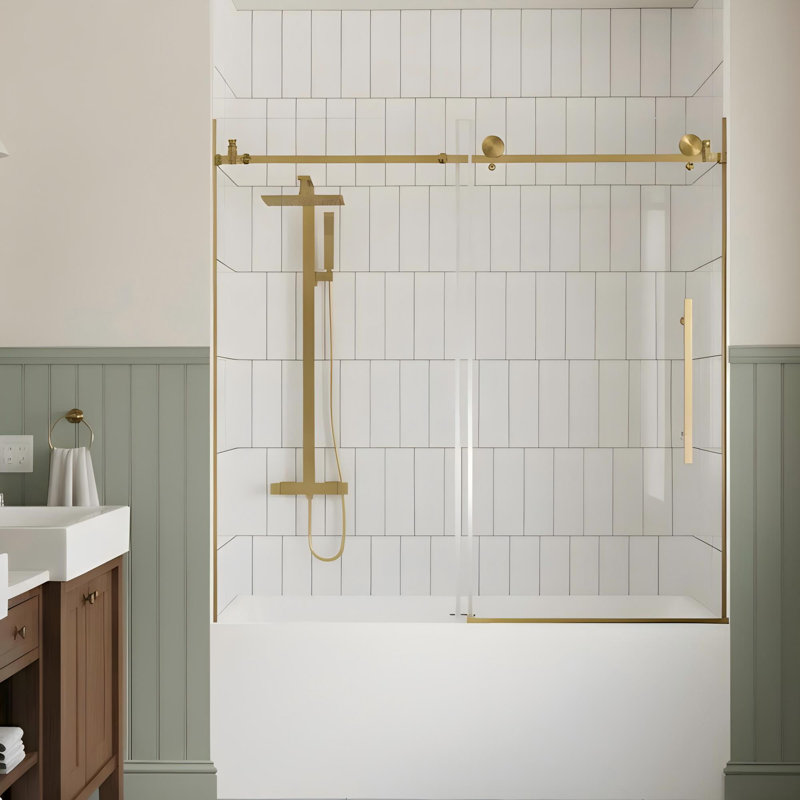 56-60"W x 60" H Frameless Shower Door with Stainless Steel Handle, Brushed Gold