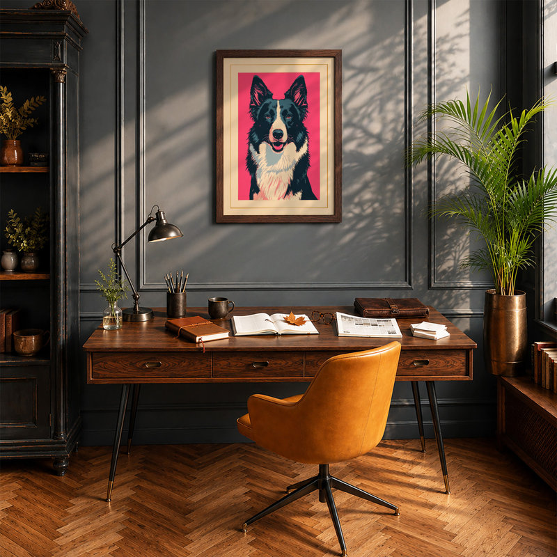 Happy Collie Modern - Framed Print, A2 - 59.4 x 42.0 cm, Walnut