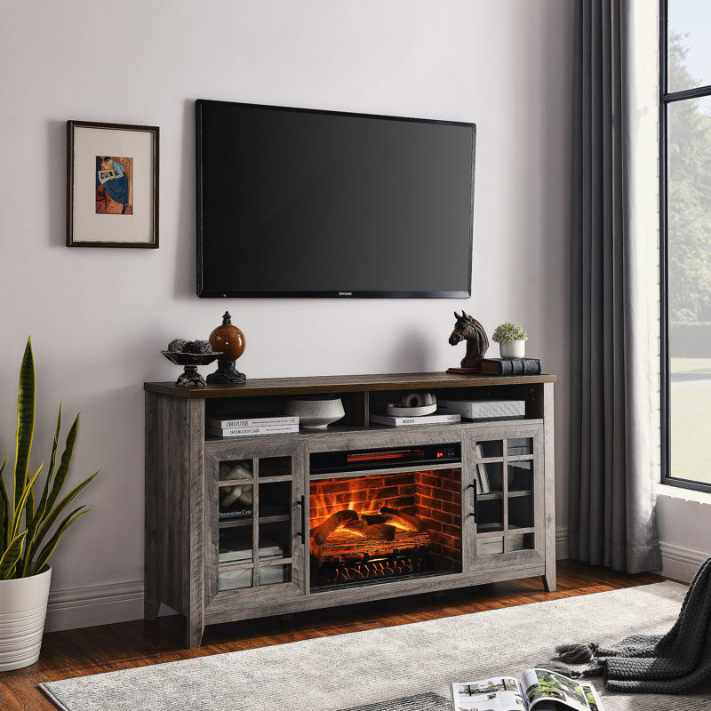 Meuble télé 55 po avec foyer électrique KD, gris délavé, Gris délavé / brun