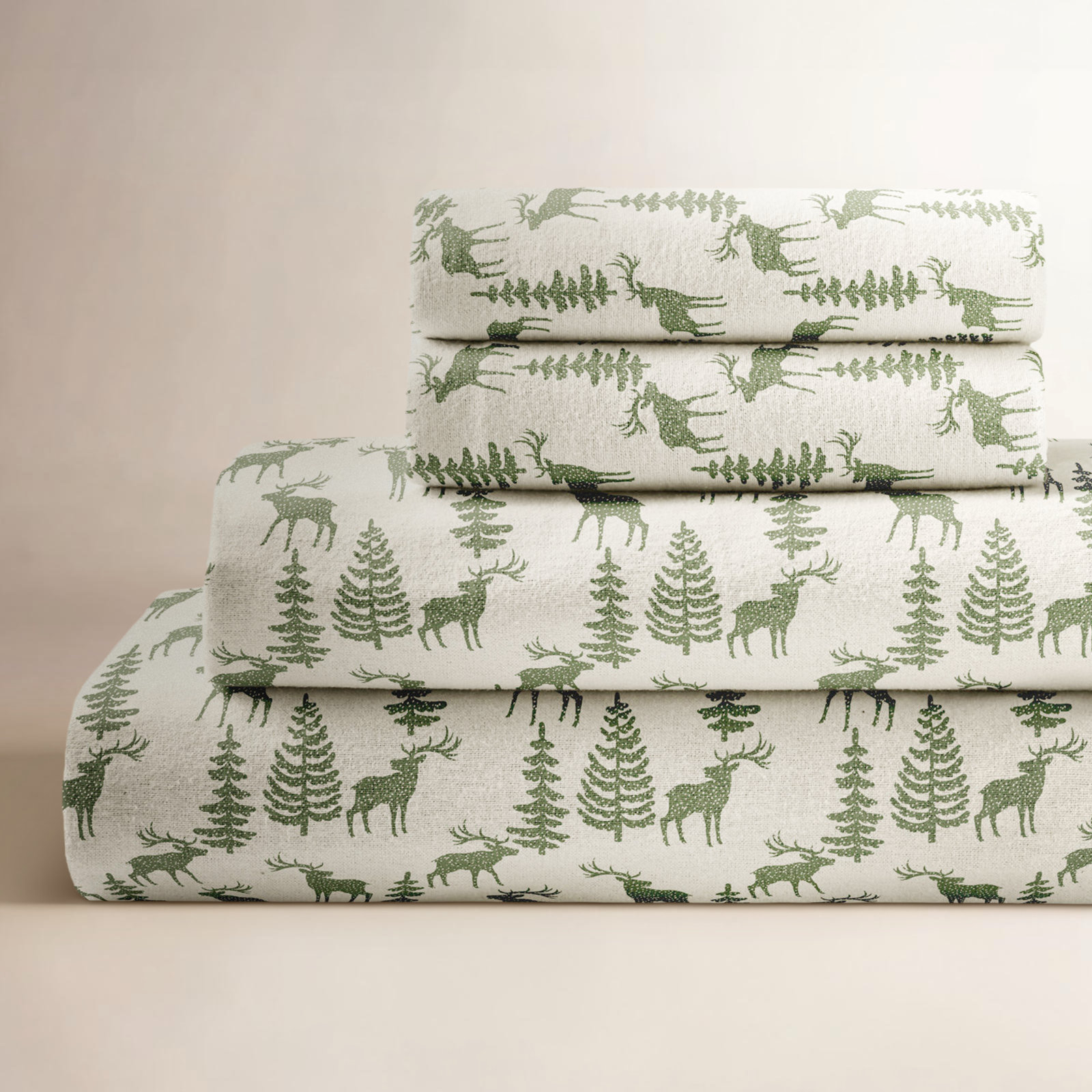 Fabrice Flannel Sheet Set, Twin Sheet Set with Fitted Sheet and 1 Pillowcase, Ivory/Green