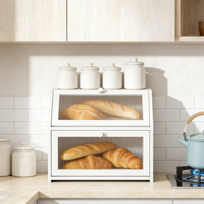 Large Double Layer Bread Box With Acrylic Viewing Door, Bamboo Wood Countertop Storage Organizer For Bread, Baked Goods And Kitchen Utensils