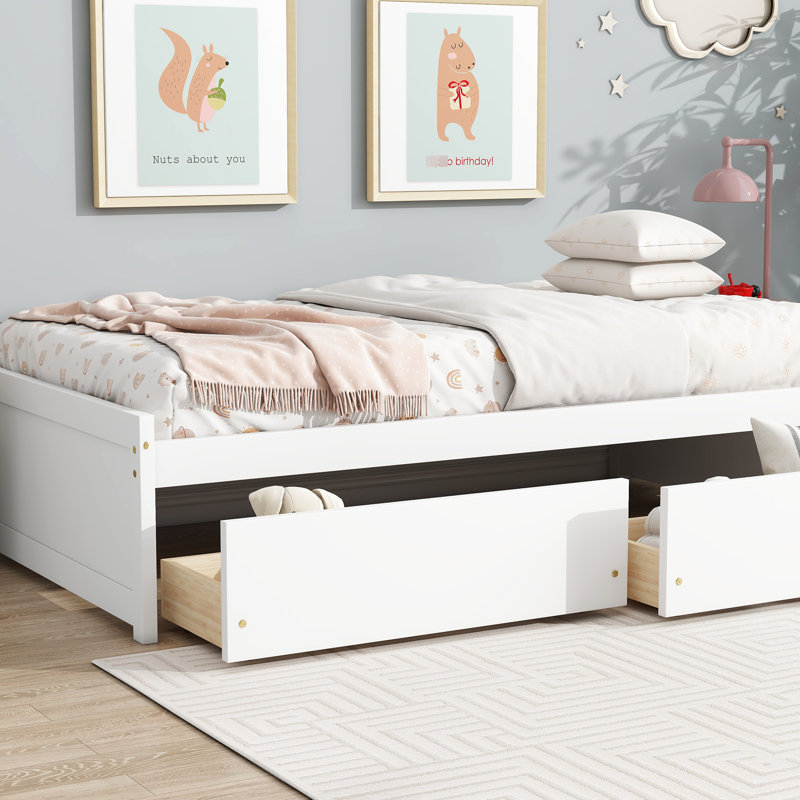 Twin Bed With 2 Drawers, Solid Rubber Wood, White Finish, Comfortable Sleep, Easy Assembly Quiet Drawer Movement, Space - Saving Solution