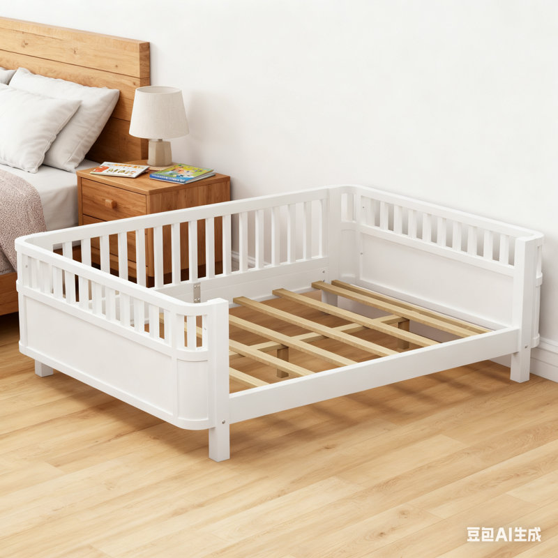 Lit plateforme double en bois pour enfants, lit double en bois à profil bas avec rails pour filles et garçons, blanc (conception brevetée)