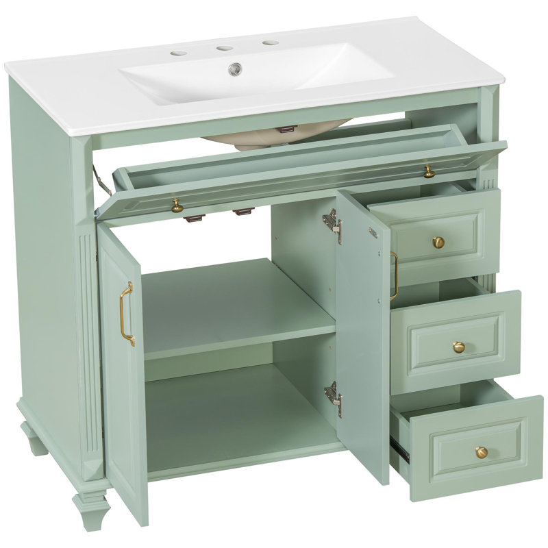 Meuble-lavabo multifonctionnel avec cadre en bois massif, Vert, Doré