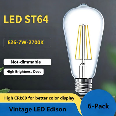 Ampoule à filament rétro Edison E26 St64, ampoule à filament en verre transparent à intensité non réglable, 7 W, 2 700 K, blanc chaud, CRI80, 25 000 heures, paquet de 6