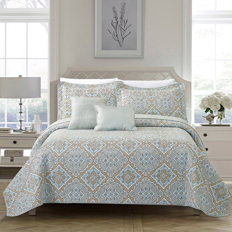 5 Piece Diego Printed Microfiber Quilts Set,  Cal. King Quilt + 2 King Shams + 2 Throw Pillows