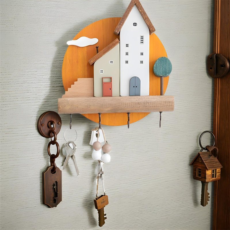Solid Wood Wall Organizer with Key Hooks