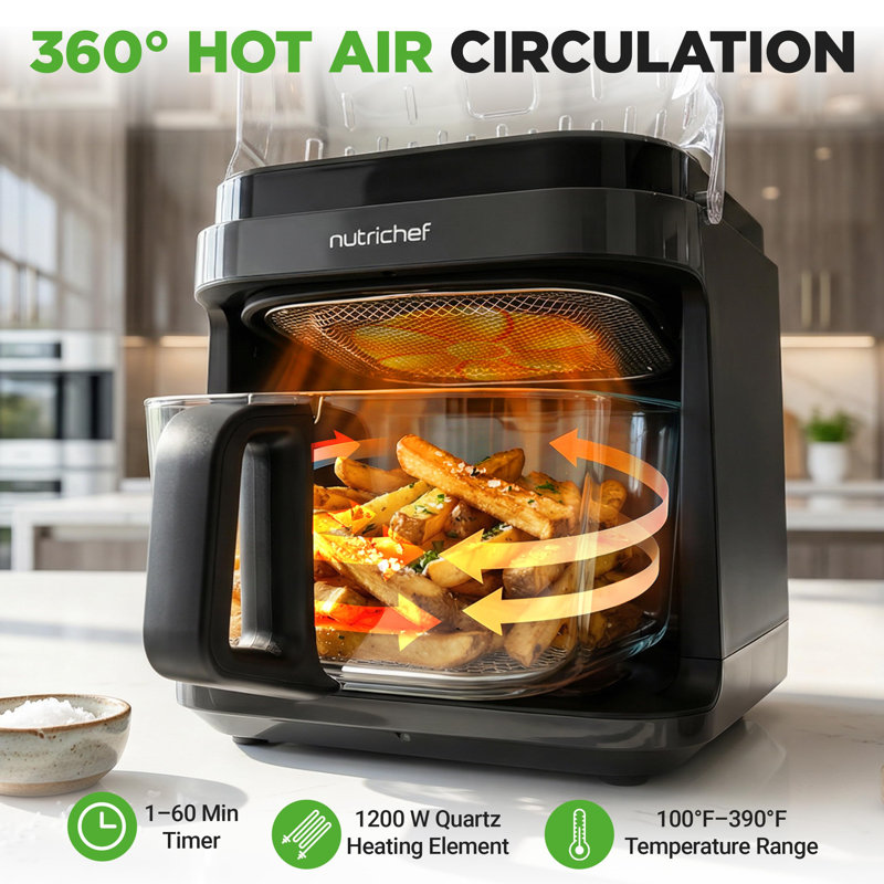 NutriChef 5.8 Quart Air Fryer | Glass Airfryer with 8-in-1 Digital Presets | Stainless Steel Fryer Design | Glass Fry Bowl with Flip-Up Safety Shield | Compact Air-Fryer for Even Cooking | Black