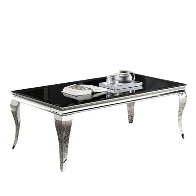 Rectangular Black And Silver Coffee Table With Beveled Glass Top Stainless Steel Legs Modern Construction