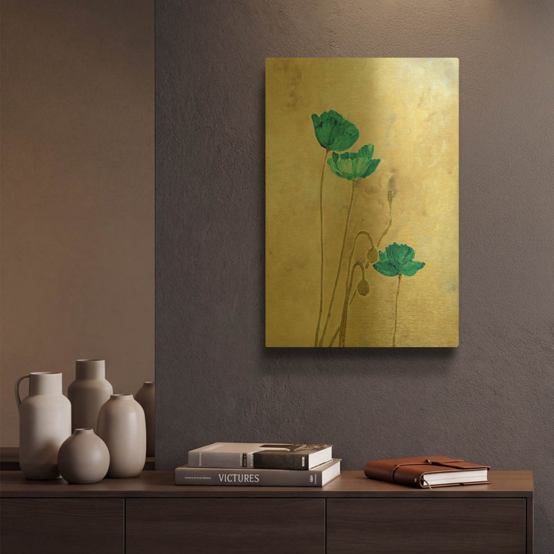 « Fleurs de turquoise 2 » par JD, tableau mural en métal doré, 30,5 x 40,5 cm, 12 po x 16 po