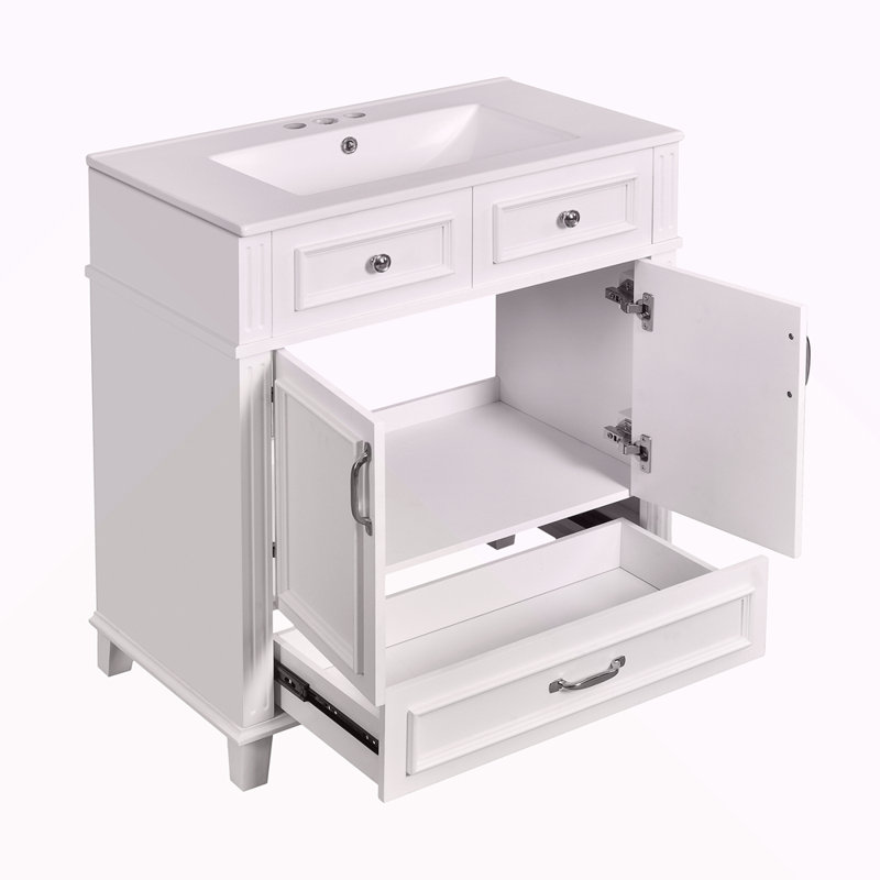 Meuble-lavabo de 30 po avec lavabo en céramique, armoire de rangement en bois massif avec portes à fermeture douce, style rétro